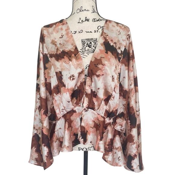 NY & Co. BLOUSE BATWING SLEEVES BROWN CREAM SZ XXL V NECK RUFFLE AESTHETIC CORE - Picture 10 of 16